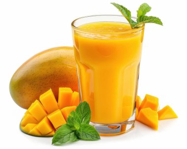 Refreshing mango smoothie served in a glass, surrounded by ripe mangoes and fresh mint leaves. clipart