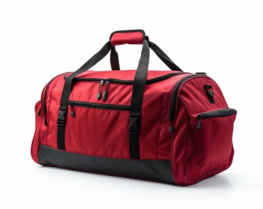 Stylish red duffel bag with black accents, perfect for travel and gym use. clipart