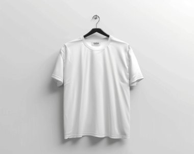 A plain white t-shirt hanging against a minimalist background, showcasing its simple design and versatile style. clipart