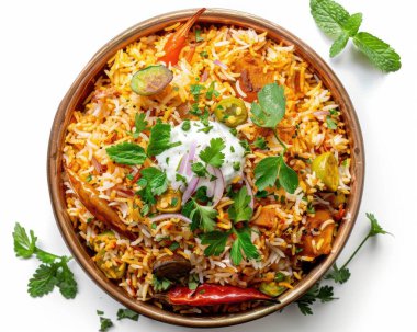 Çeşniler ve baharatlarla süslenmiş canlı bir biryani kasesi lezzet ve renklerin karışımını sergiliyor..