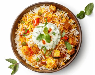 A vibrant vegetarian biryani with colorful vegetables, served in a wooden bowl, topped with fresh mint and yogurt. clipart