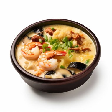 A delicious bowl of savory seafood tofu soup topped with green onions. clipart