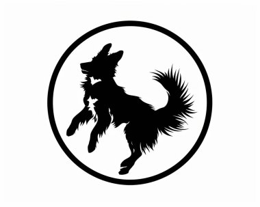 A playful silhouette of a dog jumping, showcasing its energetic spirit within a circular border. clipart