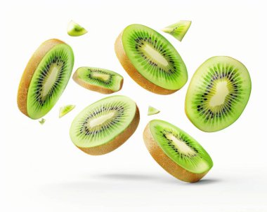 Fresh slices of green kiwi floating in mid-air against a light background. clipart