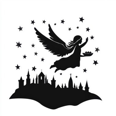 An ethereal silhouette of an angel with wings, soaring above a whimsical skyline adorned with stars. clipart