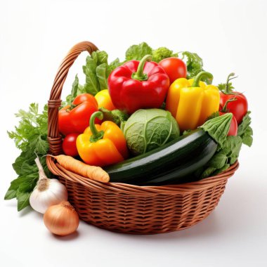 A vibrant arrangement of fresh vegetables in a wicker basket, showcasing bright colors and healthy options.