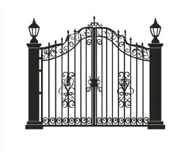 Elegant black wrought-iron gate with decorative designs and lanterns, enhancing an inviting entrance. clipart