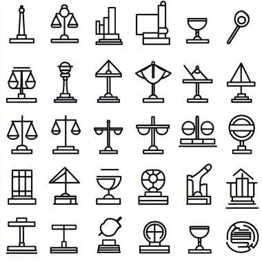 A collection of various linear icons representing justice, balance, and analytical tools in a monochromatic design. clipart