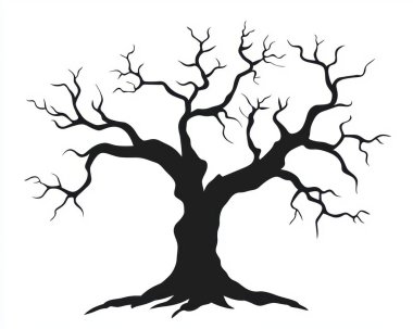 A haunting silhouette of a twisted, leafless tree, evoking a sense of mystery and nature's stark beauty. clipart