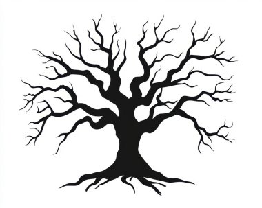 An intricately detailed, black silhouette of a leafless tree with twisted branches and roots, symbolizing nature's beauty and resilience. clipart