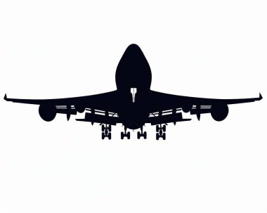 Silhouette of a large airplane descending with landing gear extended, against a light background. clipart