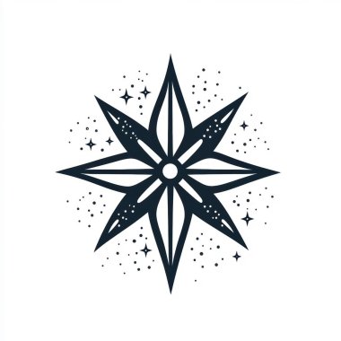 Stylized black compass star design with intricate patterns and surrounding sparkles. clipart