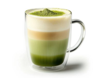 A refreshing layered matcha latte served in a transparent glass mug, showcasing vibrant green hues and creamy texture. clipart