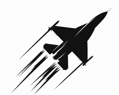 A sleek military jet silhouette soaring upward, leaving a trail of dynamic motion beneath it. clipart