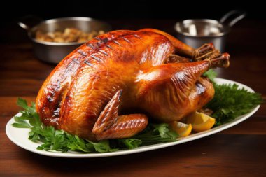 A beautifully roasted turkey garnished with fresh herbs and lemon slices, perfect for a festive meal. clipart