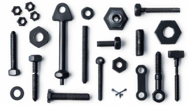 A diverse assortment of black metal fasteners including bolts, nuts, and screws arranged artfully on a light surface. clipart