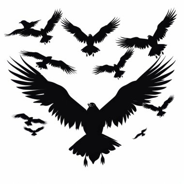 A dramatic silhouette of a large bird in flight, surrounded by smaller birds soaring upward. clipart