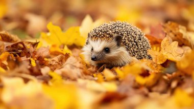 A small hedgehog forages through colorful autumn leaves in a serene forest setting. clipart