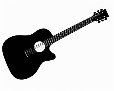 A sleek black acoustic guitar silhouette against a white background, showcasing its elegant curves and fine detailing. clipart