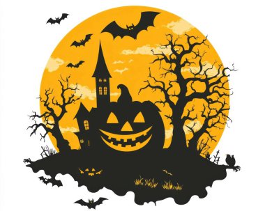 A whimsical Halloween scene featuring a grinning jack-o'-lantern, spooky trees, bats, and a haunted house against a bright orange moon. clipart