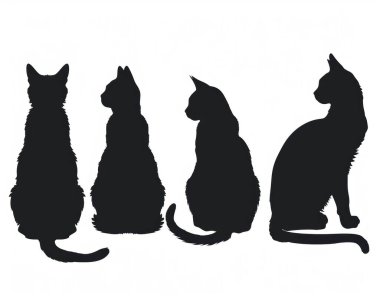 Silhouette of four cats sitting side by side, showcasing their unique shapes and postures. clipart