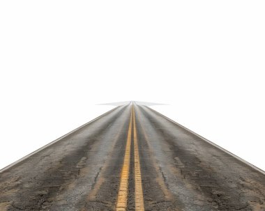 An empty, cracked road stretches into a bright, foggy horizon, evoking a sense of solitude and mystery. clipart