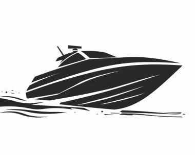 A sleek black silhouette of a modern motorboat cutting through the water, showcasing speed and elegance. clipart