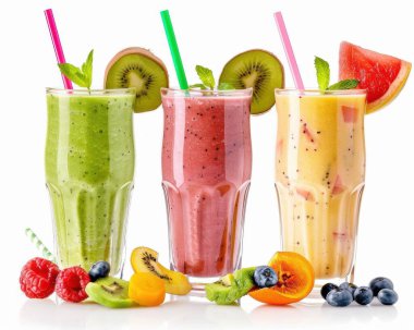 Three vibrant fruit smoothies in glasses, showcasing green, pink, and yellow colors, garnished with fresh fruit and mint. clipart