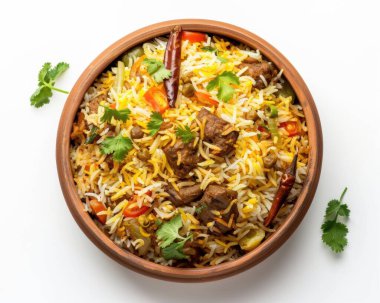 A vibrant bowl of fragrant biryani, garnished with fresh cilantro and red chili peppers. clipart