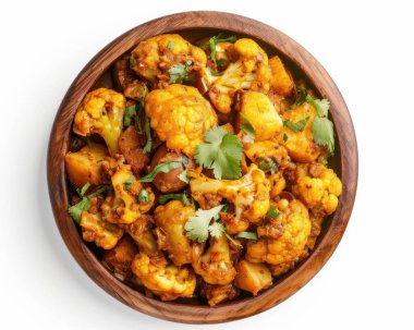 A vibrant bowl of golden spiced cauliflower and potatoes, garnished with fresh cilantro. clipart