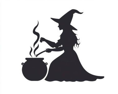 Silhouette of a female witch stirring a pot, exuding a mystical and enchanting aura. clipart