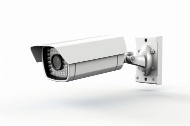 A sleek, modern surveillance camera mounted on a white wall, designed for security and monitoring. clipart