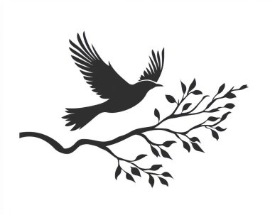 A silhouetted bird in flight, gracefully taking off from a branch adorned with leaves. clipart