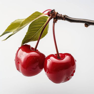 Two vibrant red cherries with water droplets, hanging from a branch with green leaves against a soft background. clipart