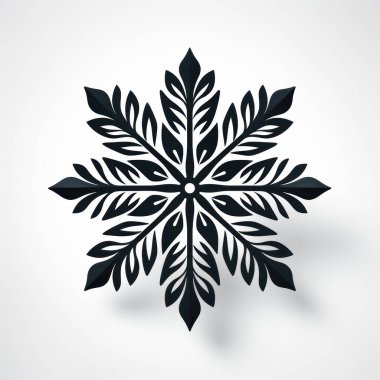 A stunning black silhouette of a snowflake with intricate leaf-like patterns, set against a soft light background.