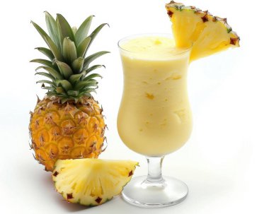 Refreshing pineapple smoothie in a glass with a fresh pineapple beside it. clipart