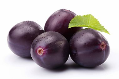 Fresh, ripe purple plums with dewdrops and a green leaf, showcasing their vibrant color and juicy texture. clipart