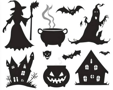 Spooky Halloween silhouettes featuring a witch, ghost, bats, and eerie haunted houses. clipart