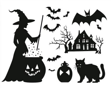 A spooky Halloween-themed silhouette design featuring a witch, bats, a black cat, and eerie landscapes. clipart