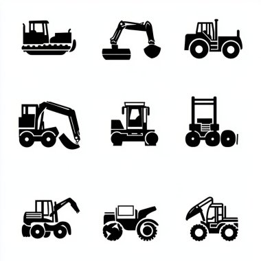 Silhouette icons of various construction machinery, showcasing equipment like bulldozers, excavators, and tractors in black. clipart