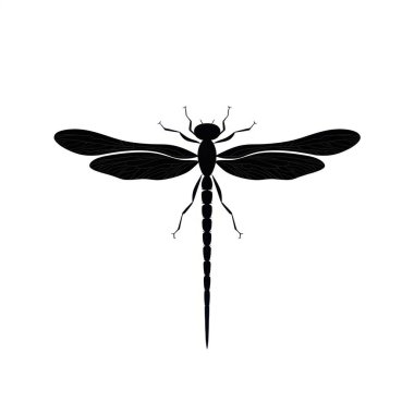 Stunning black silhouette of a dragonfly against a white background, showcasing intricate wing patterns and graceful form. clipart