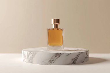 Luxury Perfume Bottle on Marble Pedestal with Elegant Lighting clipart