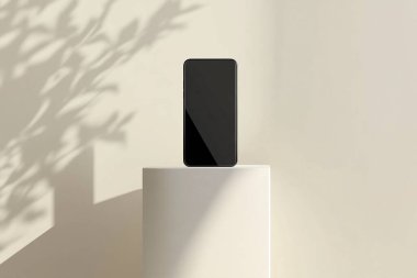 Minimalist Smartphone Display on White Pedestal in Modern 3D Mockup clipart