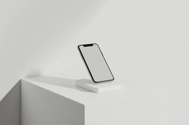 Minimalist Smartphone Display on White Pedestal in Modern 3D Mockup clipart