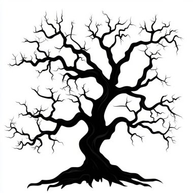 A striking black silhouette of a gnarled tree with intricate, bare branches against a white background. clipart