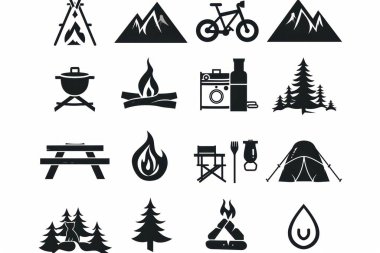 A collection of outdoor icons, showcasing camping, biking, and nature elements in black silhouettes.