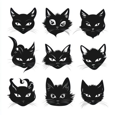 A grid of nine distinct and expressive black cat faces, showcasing various emotions and features. clipart