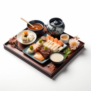 A beautifully arranged Japanese meal featuring a variety of sushi, sashimi, and traditional delicacies. clipart