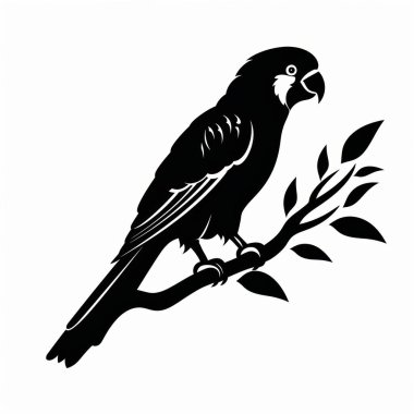 A striking black silhouette of a parrot perched on a branch, showcasing vibrant foliage. clipart