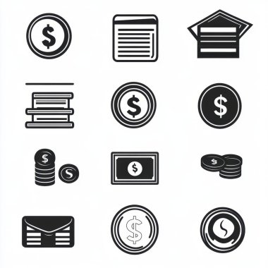 A collection of financial icons depicting various forms of currency and monetary transactions in a minimalist style. clipart